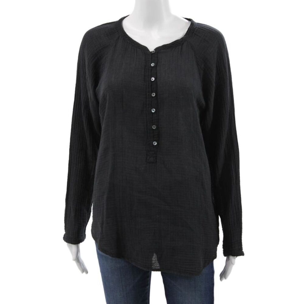 Xirena Women Black Henley Long Sleeve Blouse Basic Cotton Size S